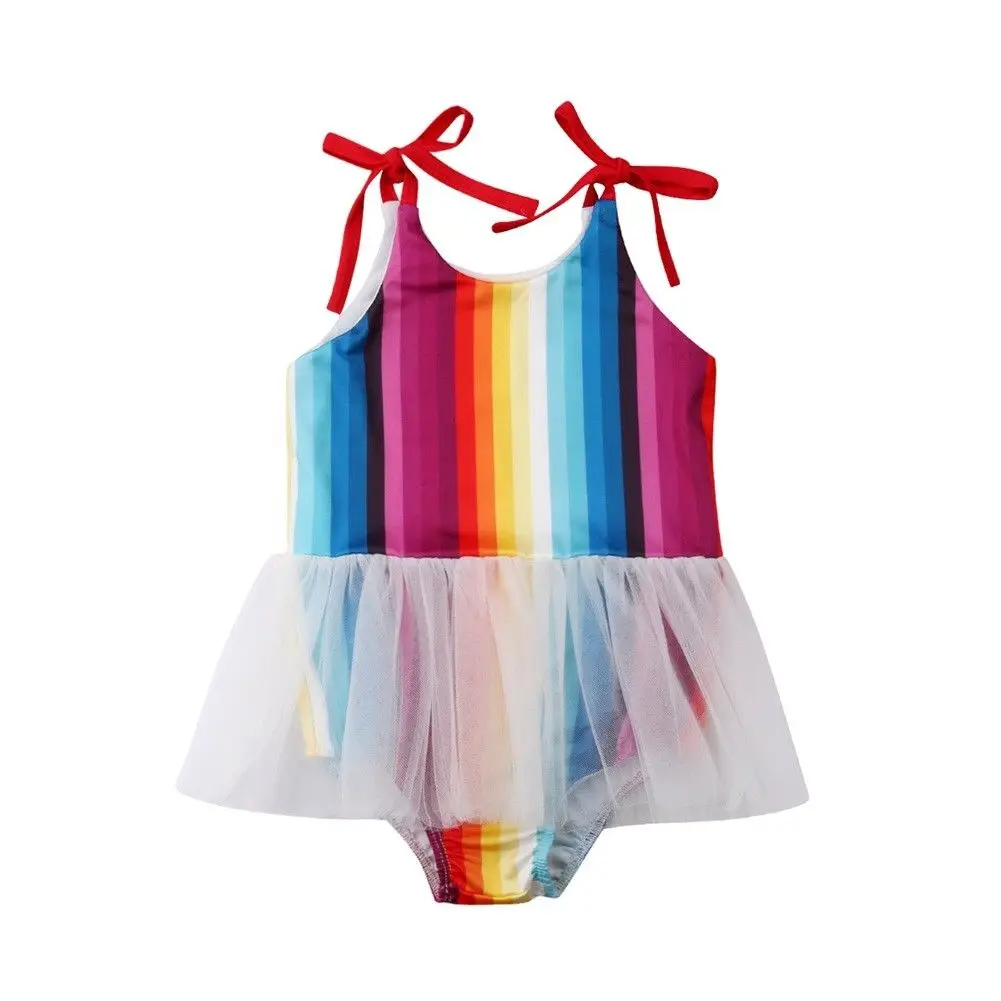 

Little Girls Rainbow Stripes One-piece Swimsuit Toddler Kid Baby Girl Color Stripe Tutu Swimwear Swimsuits Bathing Suit Bikini