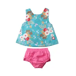 Комплект одежды из 2 предметов для малышей, майка без рукавов с цветочным рисунком для новорожденных девочек, топ с оборками, однотонные