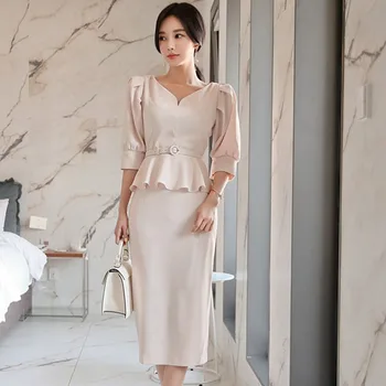 

Women's Suit 2019 New Summer Vintage Style Work Office 2 Pieces Sets Sexy V Neck Puff Sleeve Ruffles Top and Pencil Skirt Suits