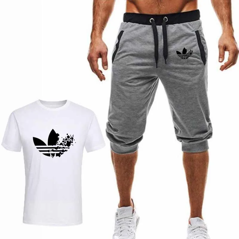 Летний Лидер продаж, мужские комплекты, футболки + укороченные брюки, комплекты из двух предметов, повседневный спортивный костюм, мужская