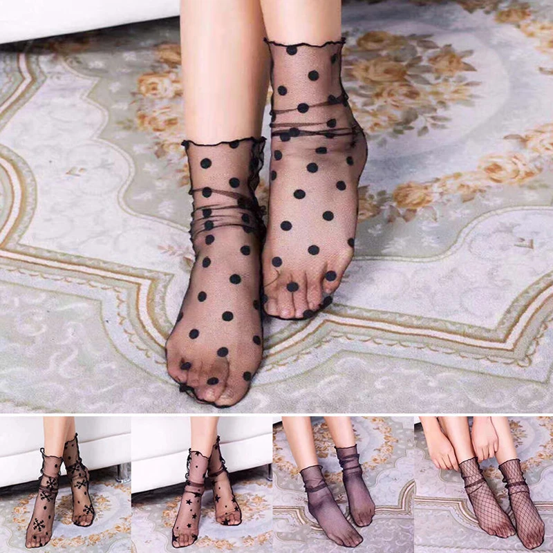 Новое поступление, женские сетчатые носки длиной по щиколотку с рюшами, кружевные короткие носки в сеточку, сексуальные носки с вышивкой