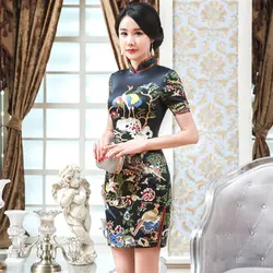 Мини китайские платья шелк и Атлас Qipao Cheongsam Горячая сексуальная печати узор короткий рукав Древний Винтаж Черное платье Синий