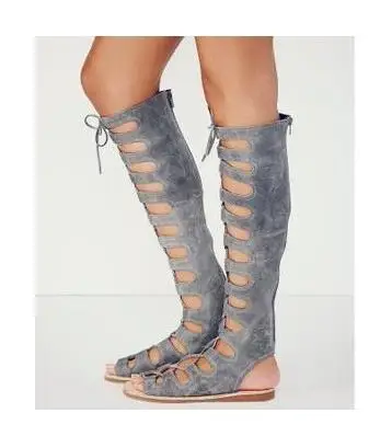 

Abesire Women Lace-up Flat Boots Female Flock Cut-outs Sandals Boots Girls Peep Toe Rome Style Shoes Lady Slingback Casual Shoes