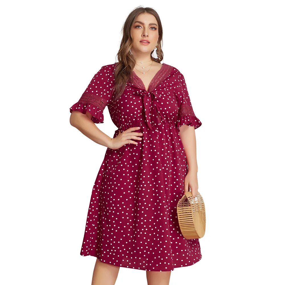 

Summer Plus Size Women Dress Boho Casual Butterfly Sleeve Bow Neck Dresses Sexy Hollow Out Dress Dot Vintage Elegant Midi Dress