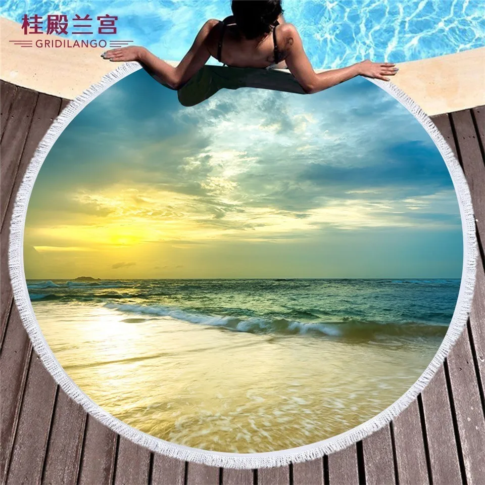 

GRIDILANGO Sea Sunset Scenery Pattern Round Beach Towel For Adult Quickly Absorbtable Swimming Outdoor Home Yoga Mat Bath Towel