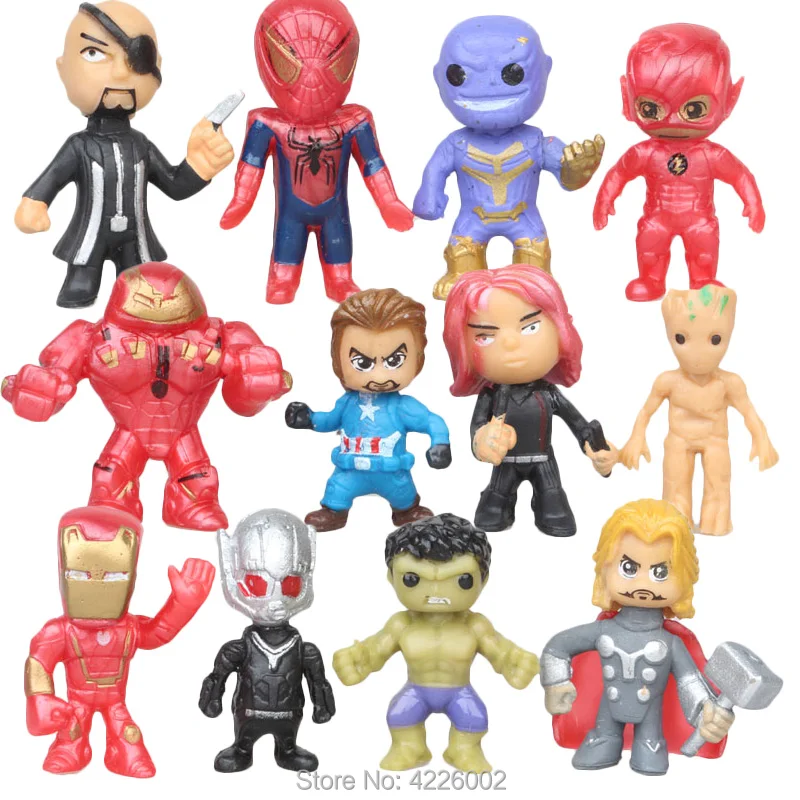 12 шт. миниатюрные фигурки супергероев Marvel танос из ПВХ, Супермен, халкбастер, Человек-паук, кукольная статуэтка, детские игрушки для мальчиков