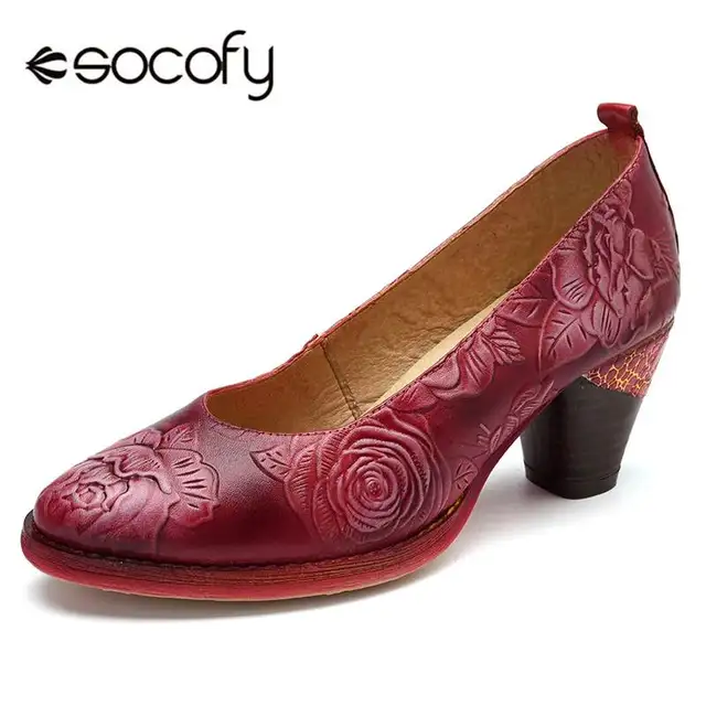 $US $43.00 Socofy Vintage Flower Embossed Pumps Women Red Genuine Leather Shoes Woman Block High Heel Pumps Wo