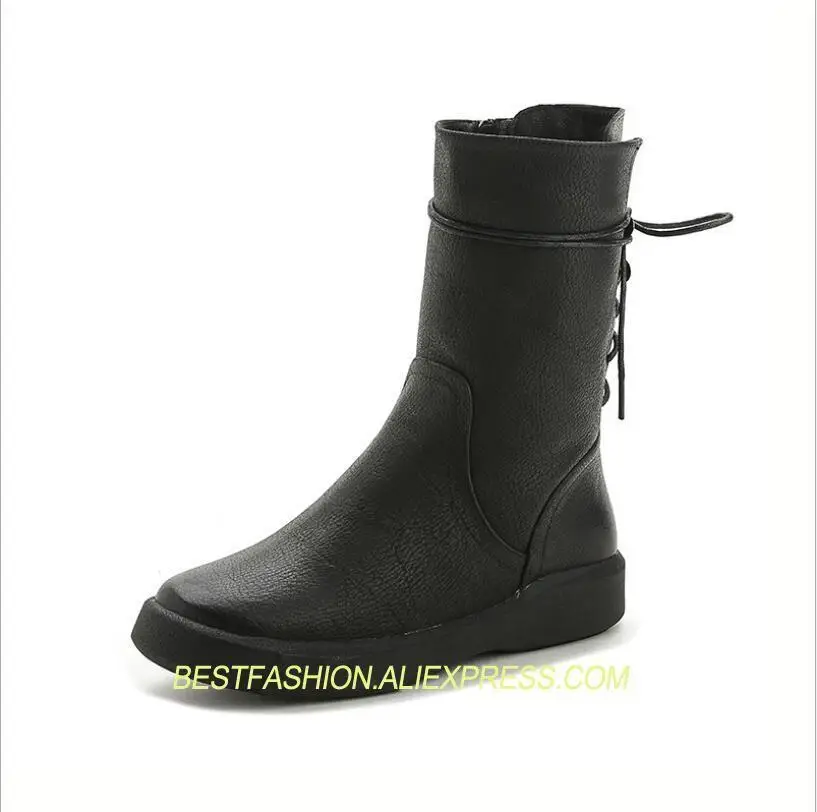 

autumn winter new women's shoes lace-up side zipper mid-calf boots leather genuine retro Martin boots flat cotton boots