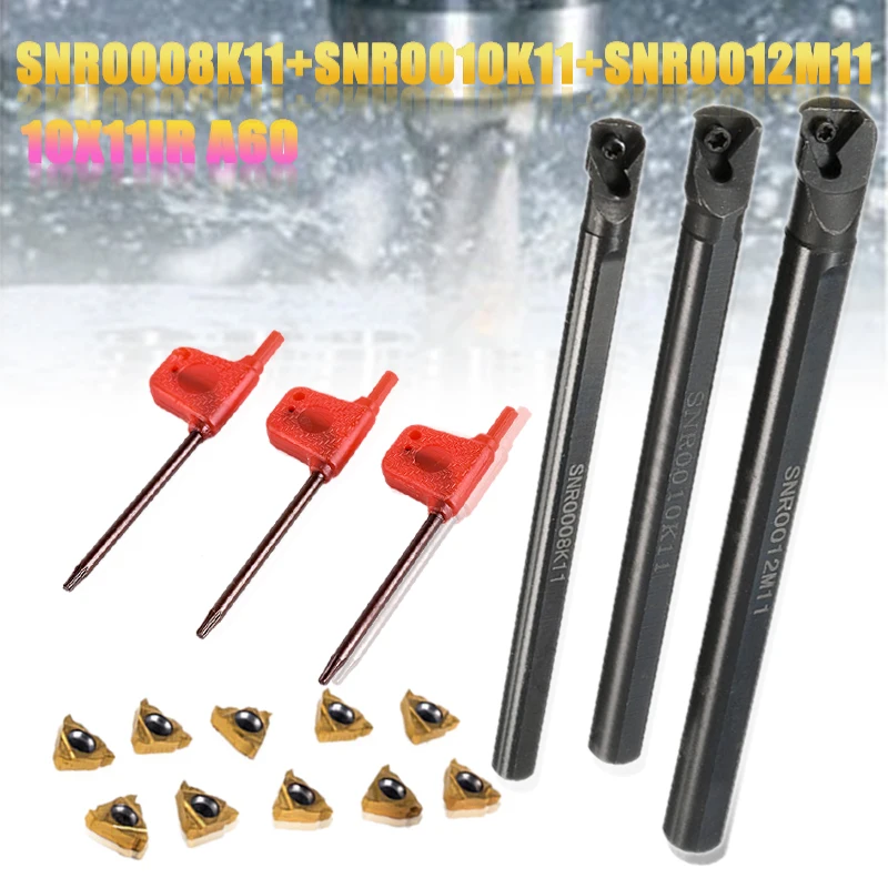 

New SNR0008K11+SNR0010K11+SNR0012M11 Lathe Boring Bar + 11IR A60 Insert + Wrench CNC Turning Tool Set