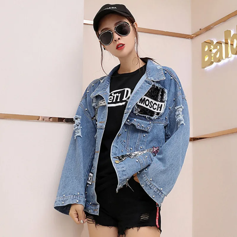 2019 جديد الدنيم سترة النساء الترتر اللؤلؤ الشرير جاكيت فضفاض خمر الشارع الشهير جينز جاكيتات معطف السيدات زائد حجم