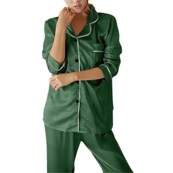 

Spring Silk Satin Pajamas Pyjamas Set Women Long Sleeve Sleepwear Turn-down Collar Pajamas Suit Female Two Piece Set Loungewear
