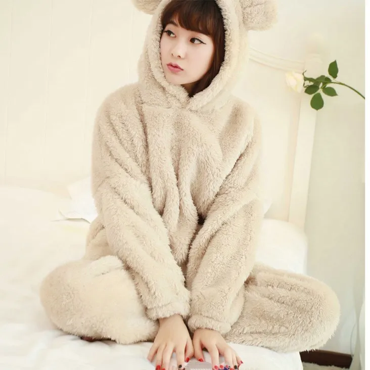 

2018 New Autumn Women Flannel Pajamas Set Coral Fleece Bear Hooded Pajamas Sleepwear Thickened Warm Pyjamas Sets