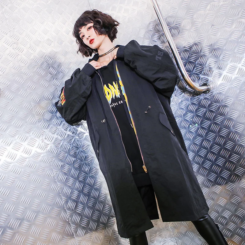 Cardigan Coupe Marée Manteau vent 5545 Streetwear Automne Tranchée Capuchon Noir Surdimensionné À Hop Lâche Femmes Hip Harajuku Long TnTYX4q1