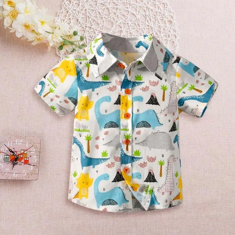 

Short Sleeve Basic Boy Shirt Cartoon Amimal Dinosaur Print Turn Down Collar Summer Daily Buttons Tops for Baby Boy Birthday Gift