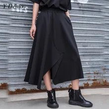 Свободная Женская юбка с высокой талией, трапециевидная юбка в стиле хип-хоп, асимметричная эластичная талия, юбки до колен