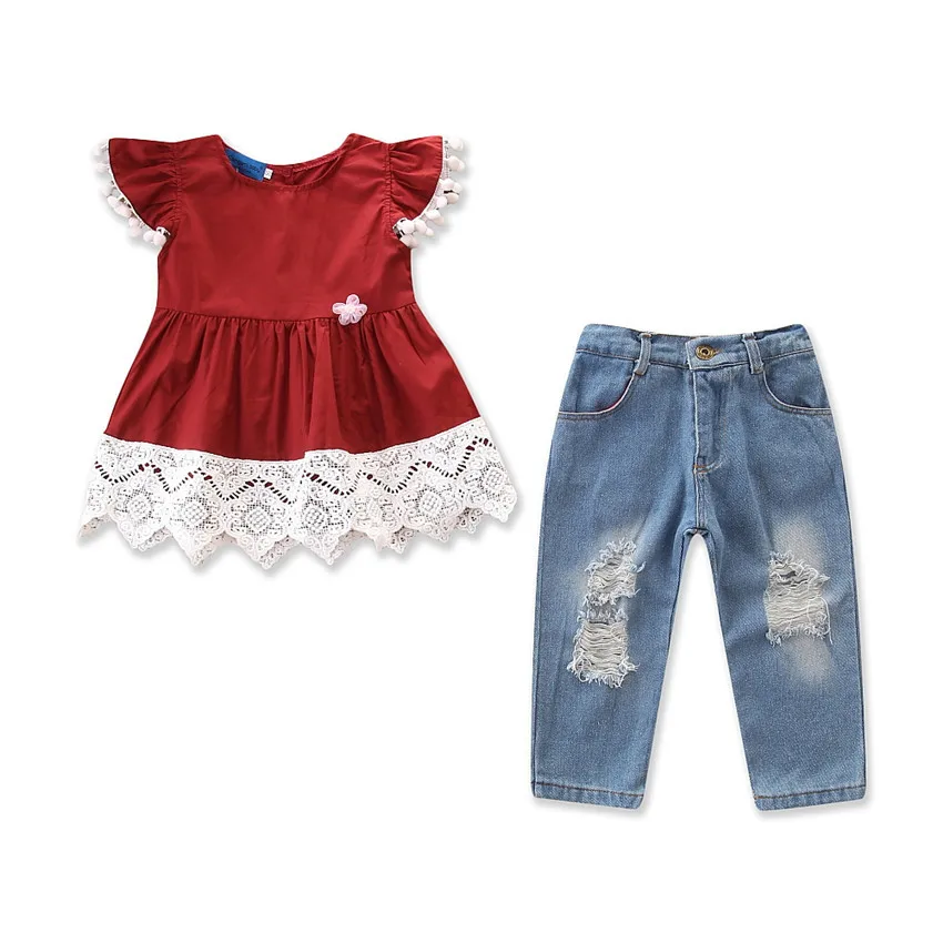 

VTOM Children Sets Fashion Toddler Kids Clothing Suits Baby Girls Short Sleeve Tops + Jean Denim Pants 2PCS Outfit Kids Clothes