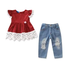 VTOM Children Sets Fashion Toddler Kids Clothing Suits Baby Girls Short Sleeve Tops + Jean Denim Pants 2PCS Outfit Kids Clothes basik kids denim pants kids clothes children clothing