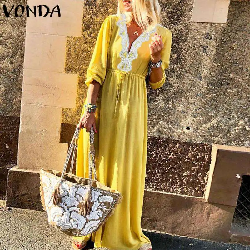 

VONDA Women Bohemian Maxi Long Dress 2019 Autumn Sexy V Neck Long Sleeve Lace Crochet Patchwork Dresses Casual Loose Vestidos