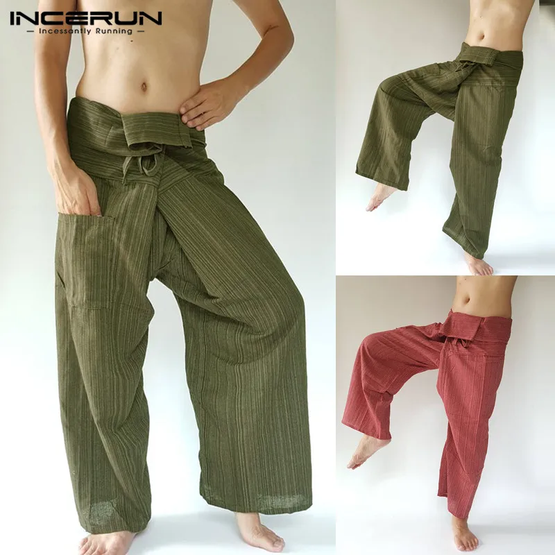 

INCERUN Striped Men Thai Fisherman Pants Cotton Pockets Joggers Loose Retro Summer Wide Leg Yoga-pants Casual Trousers Men 2019