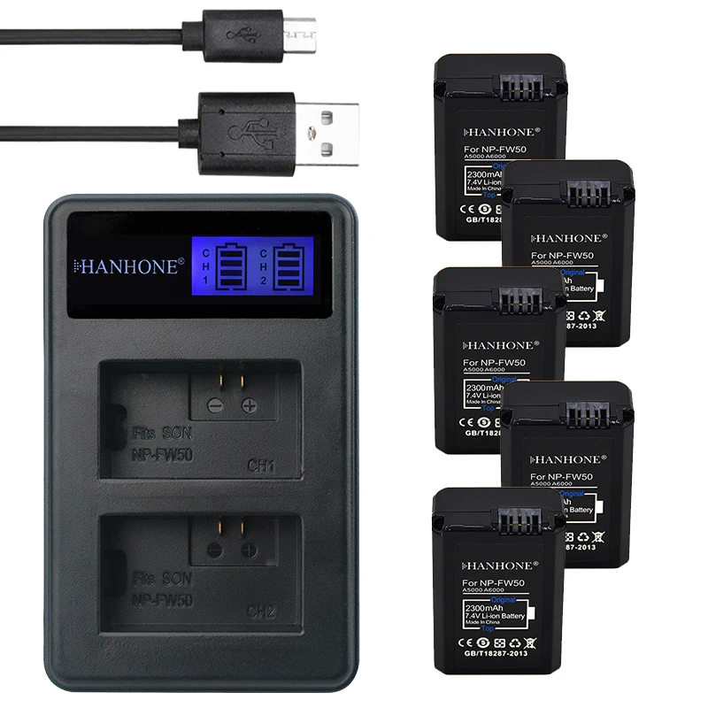 5 шт. 2300 мАч NP-FW50 NP FW50 NPFW50 батарея + LCD USB двойное зарядное устройство для Sony Alpha A6500
