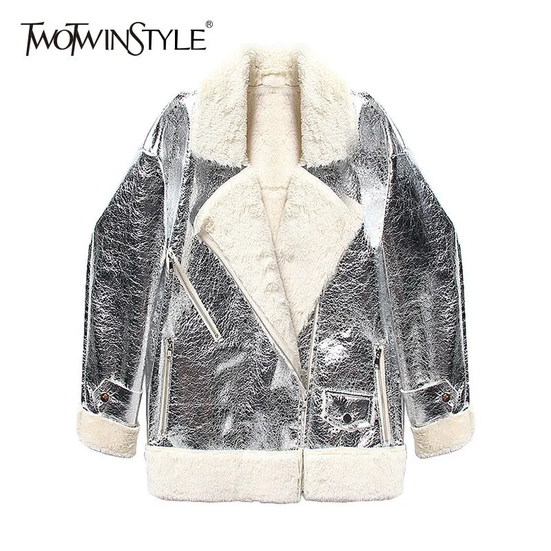 TWOTWINSTYLE короткая женская зимняя куртка с лацканами длинным рукавом серебряное