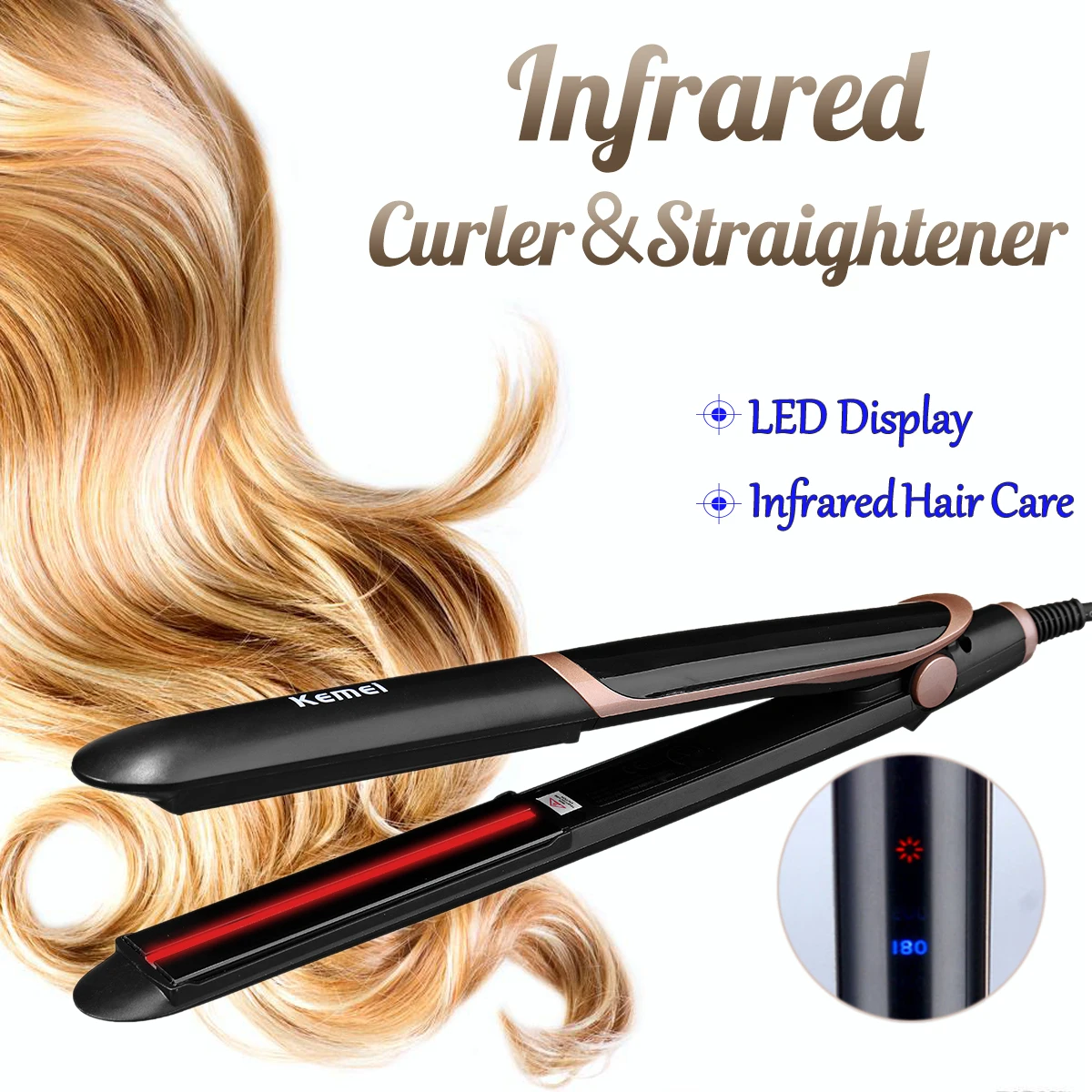 Цена Kemei Профессиональный инфракрасный щипцы для завивки волос 2 in1 анион выпрямитель для кудрявых волос гладить 3D плавающие пластины долгота Пе...
