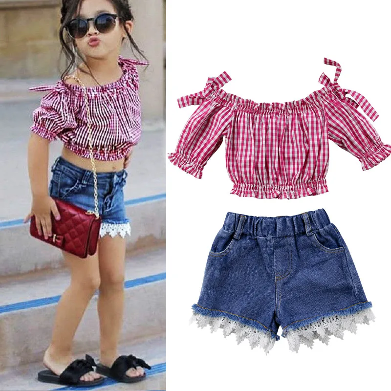 

2019 Fashion Toddler Kids Girls Clothes Set Summer Off Shoulder Tops T-shirt Lace Denim Shorts Jeans 2PCS Children Girl Clothing