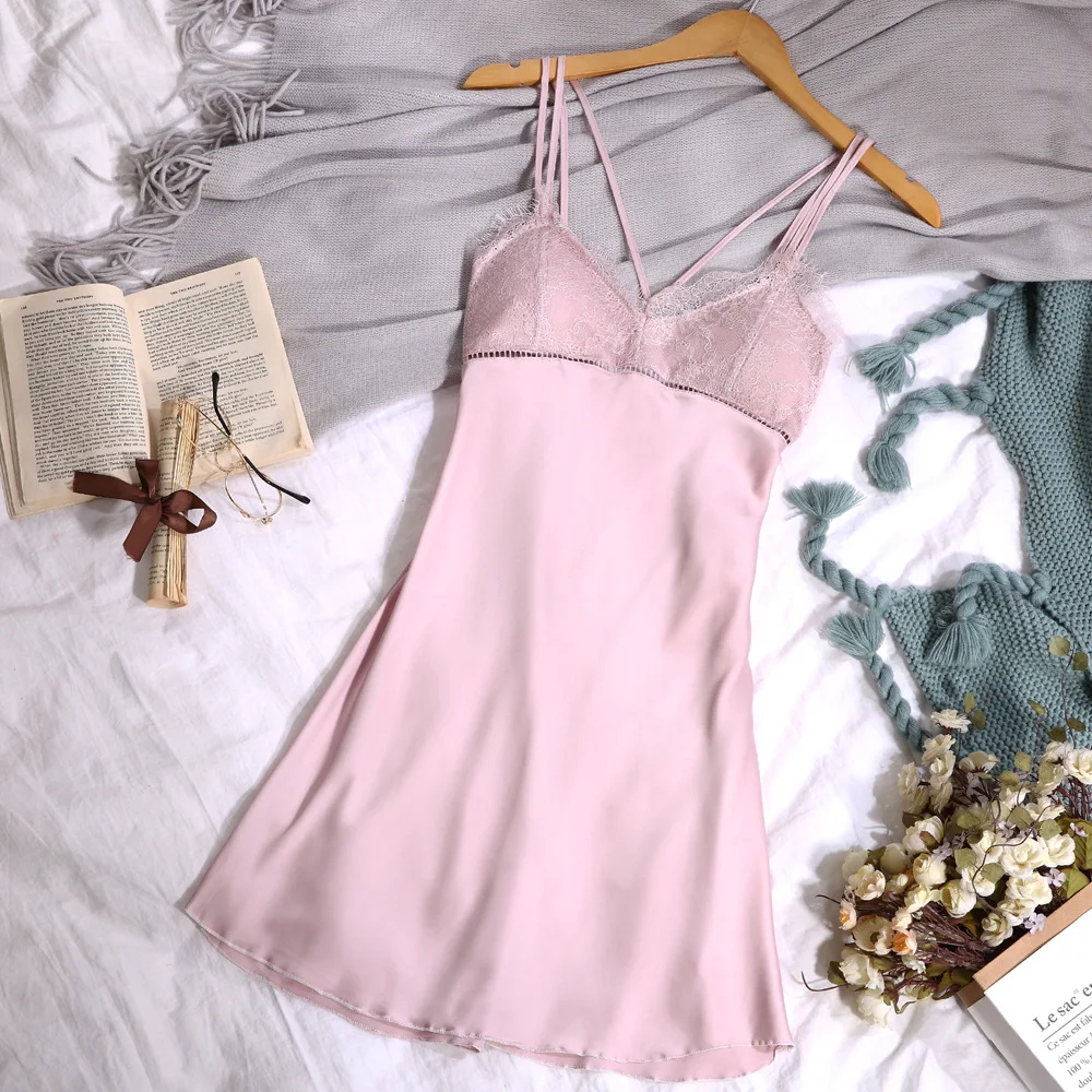 

Nuisette Sexy Fashion Women Pink Solid Lace Hollow Out Sling Cross Deep V Backless Gecelik Mujer Dress Modis Sexy Lingerie 2019