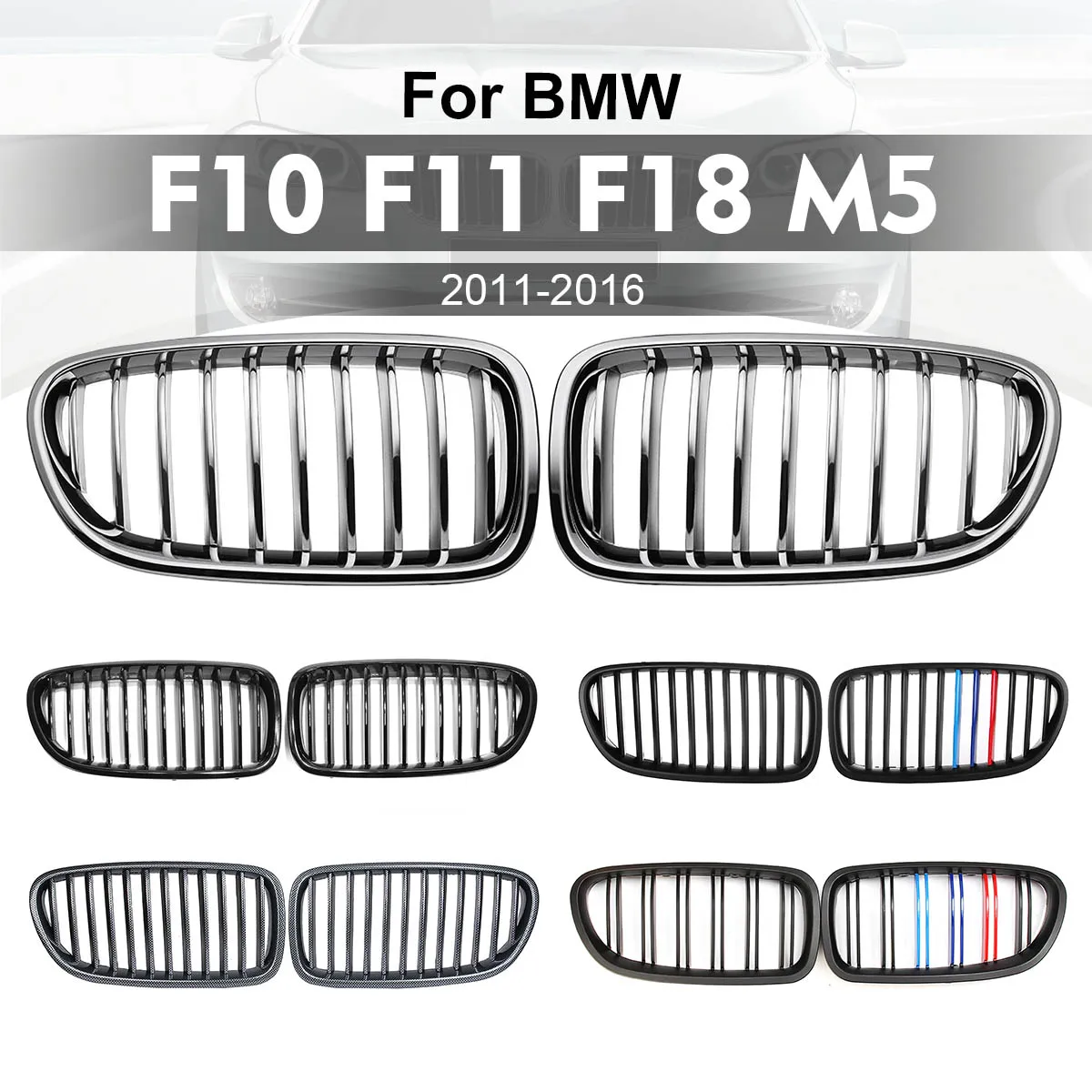 

For BMW F10 F18 M5 2011 2012 2013 2014 2015 2016 Pair ABS M-style Color Matt Black Front Bumper Kidney Grille 2 Line Double Slat