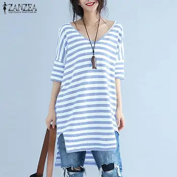 

ZANZEA 2020 Summer Elegant Women V Neck Short Sleeve Striped Blouse Loose Top Casual Work OL Shirt Femme Blusas Chemise Oversize