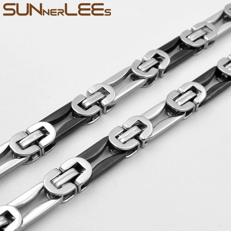 

SUNNERLEES Fashion Jewelry Stainless Steel Necklace 8mm Geometric Byzantine Link Chain Silver Black Color Men Women Gift SC129 N