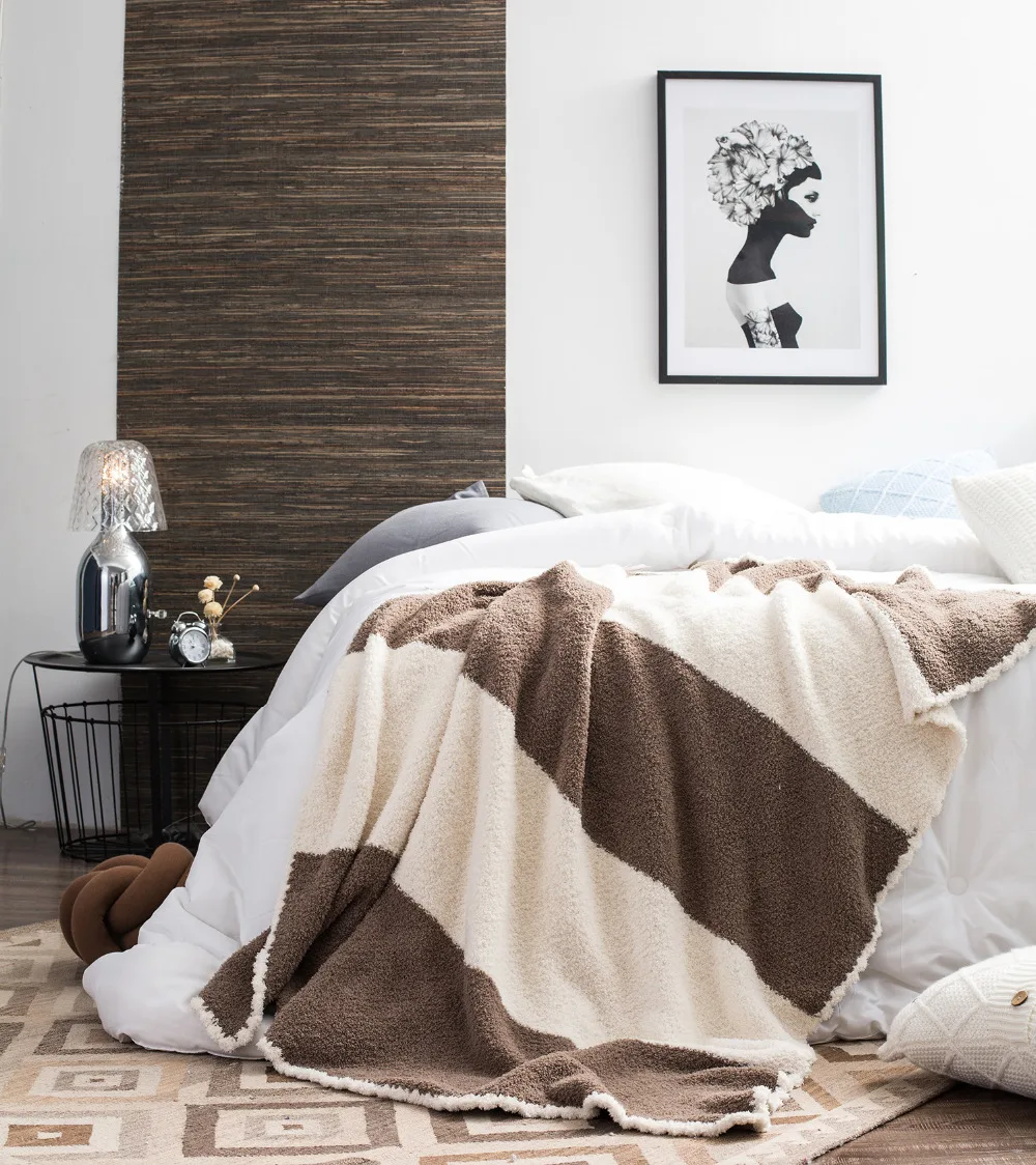 

Bedroom Blanket Nordic Style Home Cover Throw Plush Soft Warm Cream Color Stripe Winter Polyester neutral