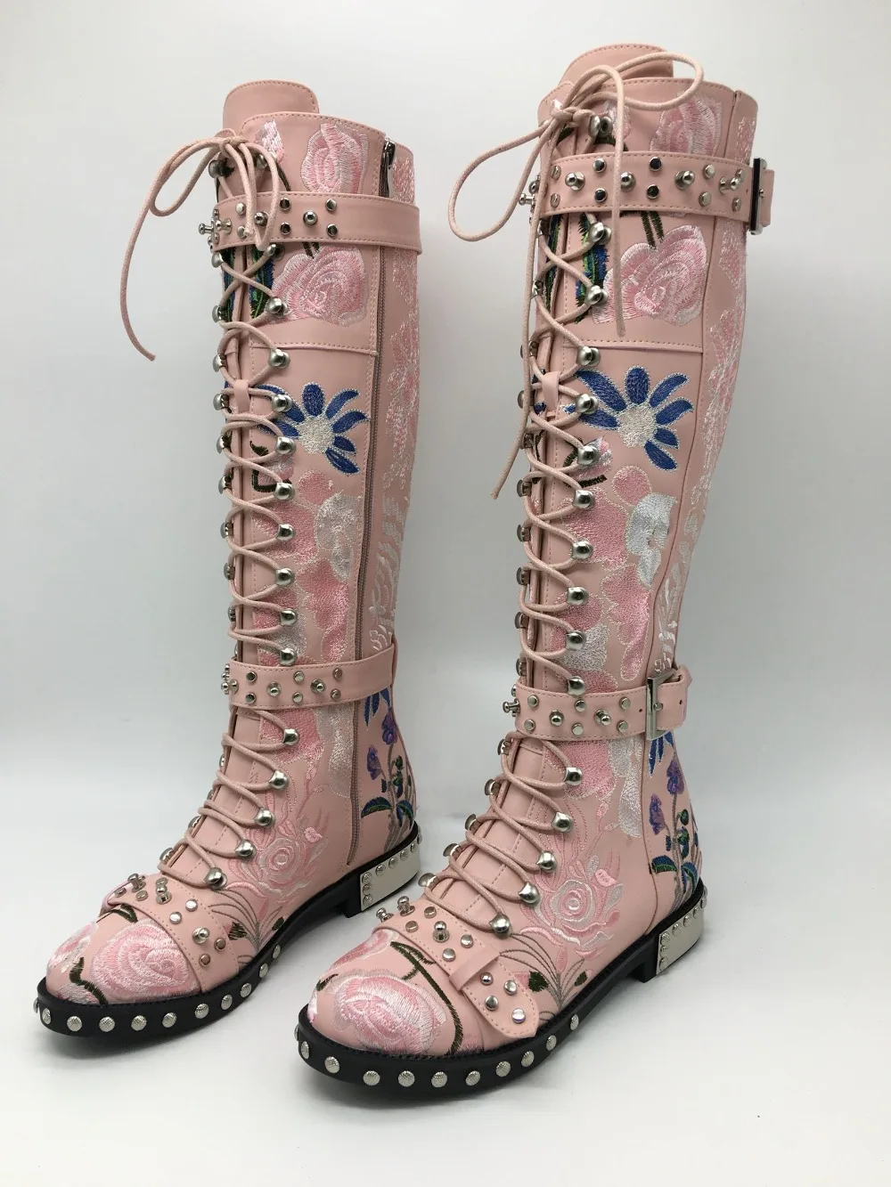 

Abesire New Design Women Fashion Metal Round Toe Knee High Boots Female Embroidery Lace-up Long Boots Girls Low Heels Shoes