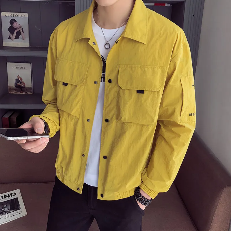 

2019 New Fashion Male Thin Section Will Pocket Jacket Loose Coat Sunscreen Clothes windbreaker streetwear Yellow Free shipping