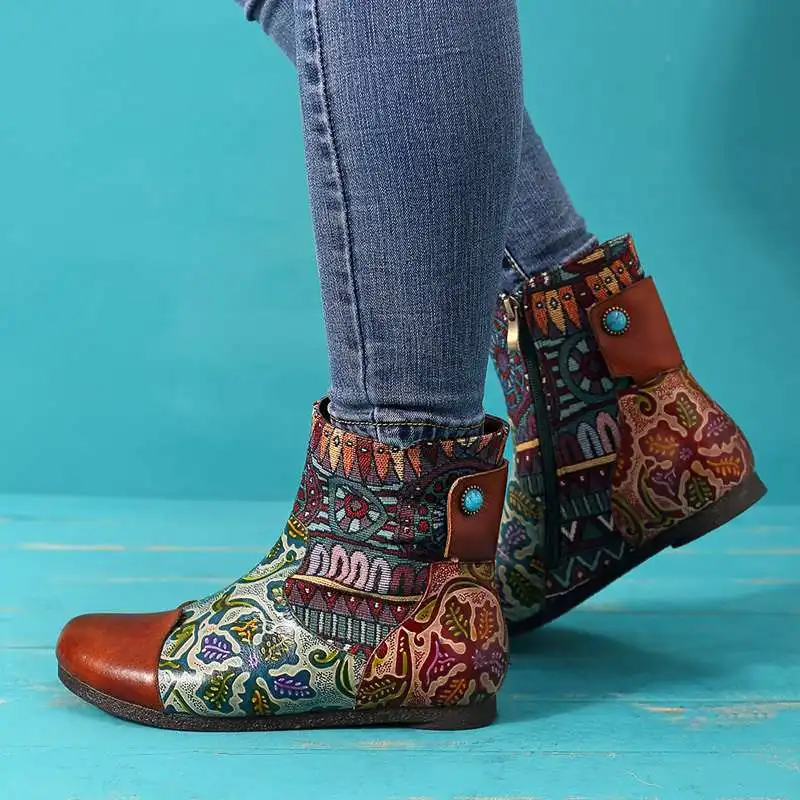 Socofy/ботинки из натуральной кожи с принтом в стиле ретро; женская обувь; женские ботильоны в байкерском стиле на молнии в винтажном стиле; женская обувь; ботинки; Botas