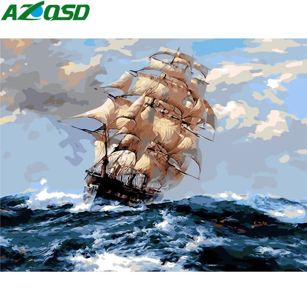 AZQSD масляная краска картина с морской волной покраска по номерам парусная лодка