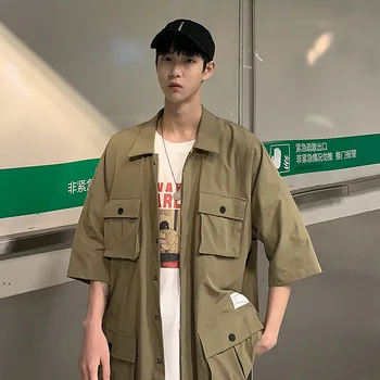 

Summer New Shirt Men Fashion Retro Solid Color Casual Tooling Wind Shirt Man Streetwear Trend Wild Loose Short-sleeved Shirt