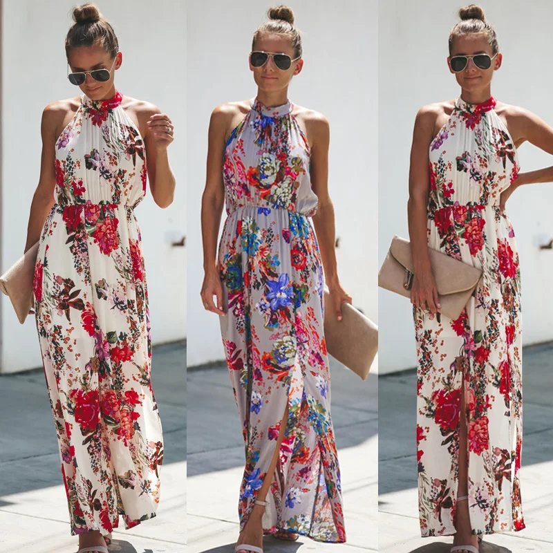 Boho для женщин платье с цветочным рисунком без рукавов Летний отдых пляж дамы