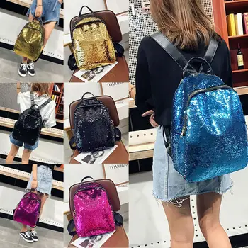 

Women Sequins Backpack Travel Large Capacity Rucksack Ladies Shoulder Zipper Solid Backpack Bag