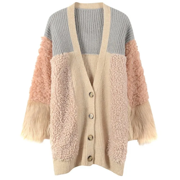 Patchwork En Cachemire Manteau Picture Mode Manches Tricot As Épissage À Cardigan Agneau Faux Fourrure Lâche Femmes Hiver Et Chaud Automne Longues De W4qXAXP8