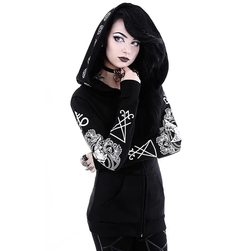  Rosetic Black Hoodie Sweatshirt Women Plus Size Coat Punk Gothic Print Hooded Hipster Streetwear Bi