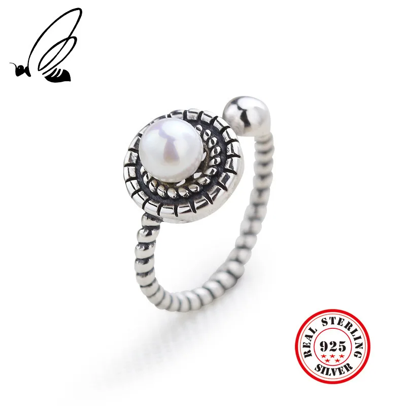 

By Kelly100% 925 Silver Ring Thai Silver Korea Style Simple Retro Pearl Open Ring Fine Jewelry For Women