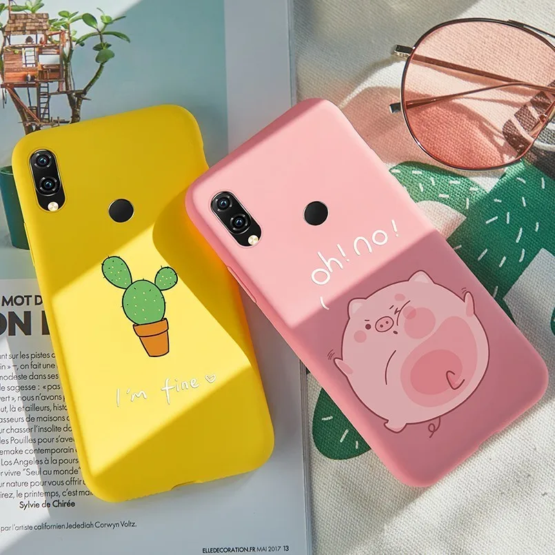 Силиконовый чехол для Xiaomi Redmi Note 7 с милым животным котом и кроликом матовый 3D