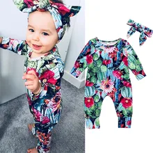 Одежда для маленьких девочек; комбинезон с длинными рукавами и круглым вырезом и принтом кактуса; повязка на голову с бантом; комплект из 2 предметов; Осенняя хлопковая одежда для новорожденных