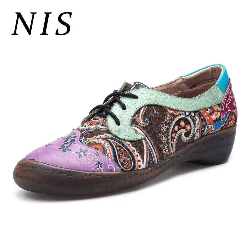 

NIS Vintage Printed Leather Bohemian Flats Women Shoes Woman Socofy Spring Summer Lace-up Retro PU Leather Flats Ladies Shoes