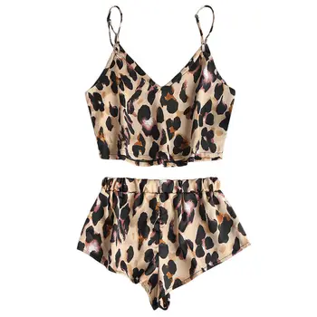

2019 New Trendy 2PCS Women Satin Nightgown Sleepwear women Sexy leopard Pajamas Lingerie Nightwear