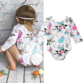 

Easter Newborn Infant Baby Girl Rompers Cute Bunny Pom Pom Long Sleeve Flower Jumpsuit Playsuit For Baby Girl Easter Costumes
