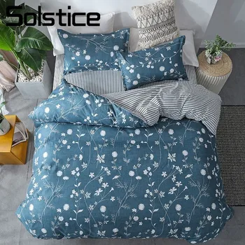 

Solstice Home Textile Single Double Bedding Set Duvet Cover Pillow Case Flat Sheet Blue Flower Stripe Bed Linens For Woman Adult
