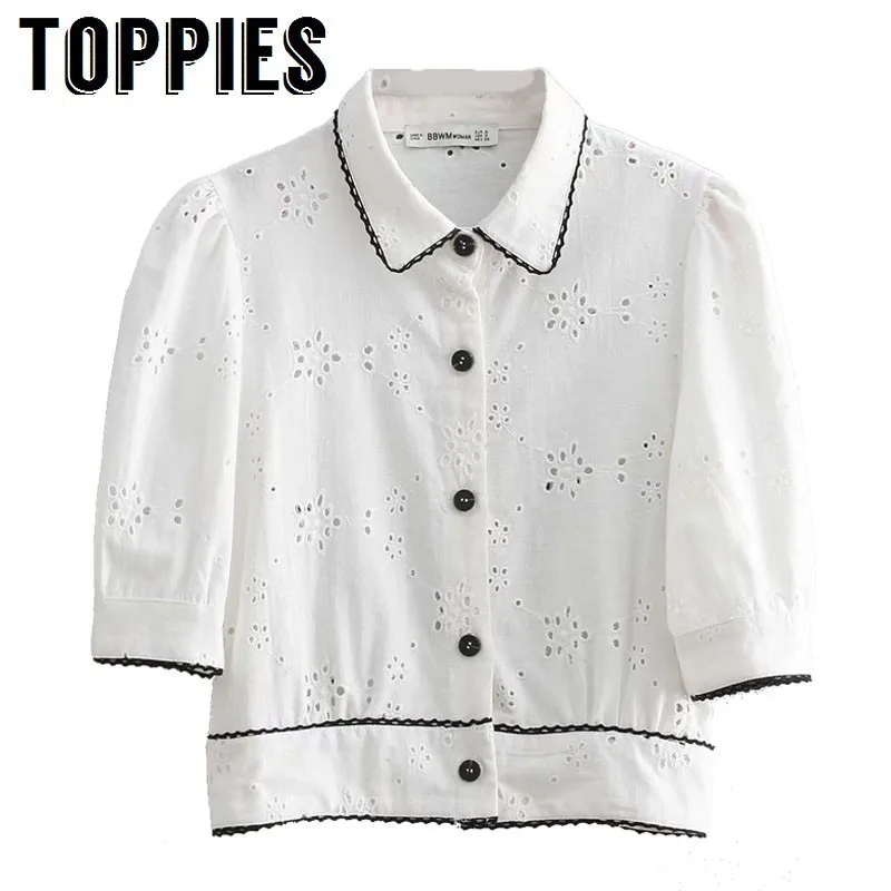 

2019 White Hollow Out Embroidery T-Shirt Turn Down Dollar Short Sleeve t-Shirt Women Summer Tops Hit Color