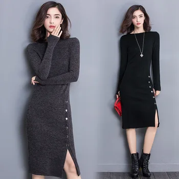 

S-3XL Autumn And Winter New Pattern Long Sleeve Keep Warm Solid Color Knitting Ladies Knee Length Dresses